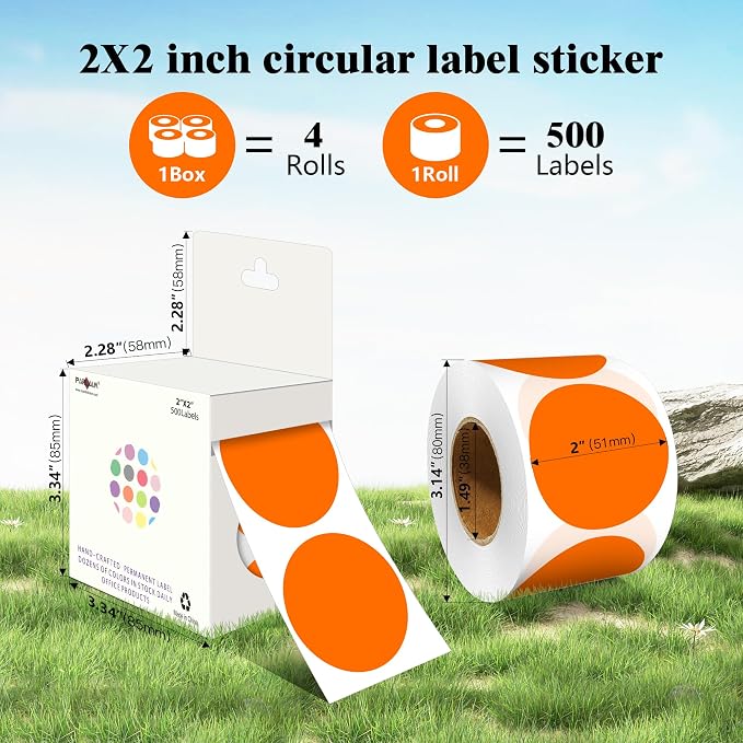 PARLAIM 2 Inch Round Adhesive Color-Code Dot Stickers,4Rolls/2000 per Rolls dots Label Dispenser Box, Circle Stickers Label Inch Coding Labels (Orange)