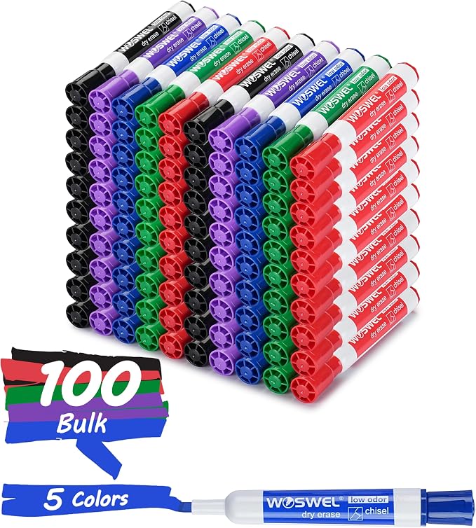 WOSWEL Dry Erase Markers, Chisel Tip Whiteboard Markers, Low Odor Thick Dry Markers,100 Bulk 5 Assorted Colors (Black/Blue/Red/Green/Purple) for Teachers, Classroom, Office & Home Use