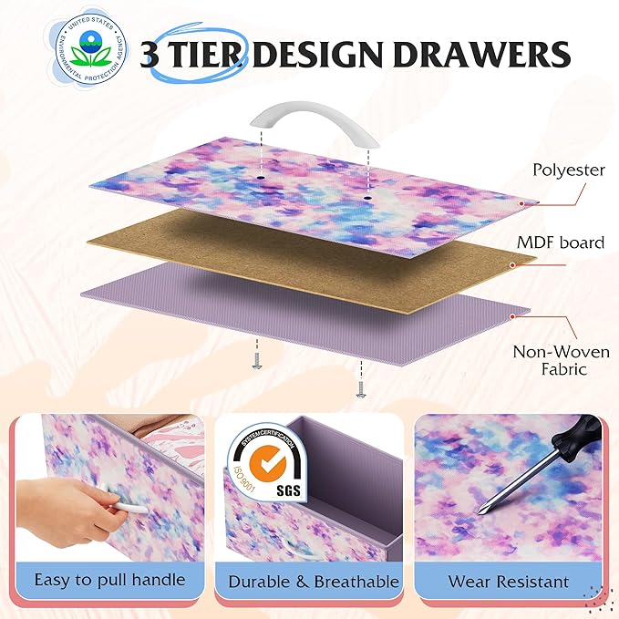 WLIVE 9 Drawer Dresser, Fabric Storage Tower for Bedroom, Hallway, Closet, Tall Chest Organizer Unit for Bedroom with Fabric Bins, Steel Frame, Wood Top, Easy Pull Handle, Tie-dye Purple Print