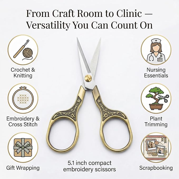 Needlepoint Scissors with Leather Sheath, 5" Vintage Antique Bronze Small Embroidery Scissors, Sharp Sewing Snips for Fabric, Yarn, Thread & Daily Crafting, Aesthetic Metal Craft Scissors