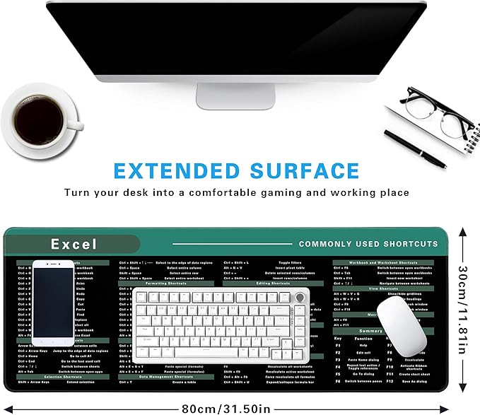Excel Cheat Sheet Desk Pad, 31.5"x11.8", Waterproof Extra Large Excel Shortcut Mat with Stitched Edges, Anti-Slip Excel Mouse Pad for Office Desk, MS Excel/Word Shortcuts (Green Excel D)