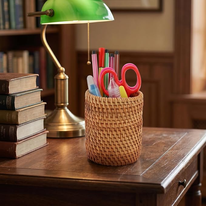 Okllen 2 Pack Rattan Pencil Holder, Handmade Wicker Pen Cup Makeup Brushes Holder, Woven Vine Desk Organizer Pen Container Box for Office & Home Desktop, Kitchen Utensil Cutlery, Cylinder