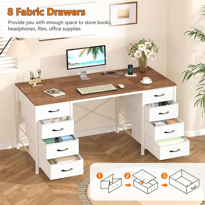 50 Inch Computer Desk with 8 Drawers for Home Office, Bedroom, Living Room | Home Office Desk with Power Outlets, Work Study Gaming Desk with 8 Fabric Drawers, Brown & White