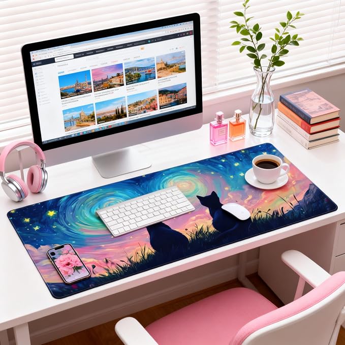 Cute Anime Black Cat Gaming Mouse Pad, Colorful Van Gogh Desk Mat with Anti-Slip Base & Stitched Edges,35.4" x 15.7" in Desk Accessories for Women, Home Office Decor & Artistic Gift