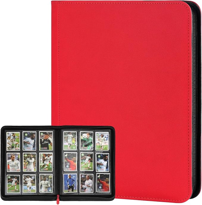 360 Cards Ringless 9-Pocket Side Loading Trading Card Binder, PU Zipper Fixed Page Card Album for TCG Sports Cards, Not Fit Top Loaders (RED)