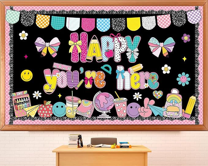 Back to School Bulletin Board Decorations Composition Notebook Classroom Decor Happy You're Here Bulletin Board Smile Face Pencil Paper Cutouts for Classroom Chalkboard Wall Decor Teacher Supplies