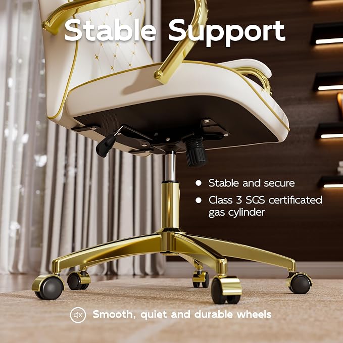 White and Gold Office Chair, Luxury Leather Executive Desk Chair | Elegant Timeless Appeal, Vintage Mid Back Styling with Wheels and Padded Arms, Thick High Density Foam Comfort