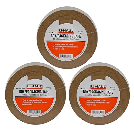 U-Haul Moving Box Paper Tape (Ideal for Moving, Packing, Storage Boxes) - Pack of 3 Rolls (55 Yard Rolls, 165 Yards Total) - Easily Tears by Hand