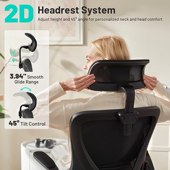 Office Chair - Ergonomic Desk Chair Breathable Mesh Chair with 2D Headrest & Adjustable Lumbar Support - Executive High Back Rolling Swivel Computer Gaming Chair with Wheels Flip-up Armrests
