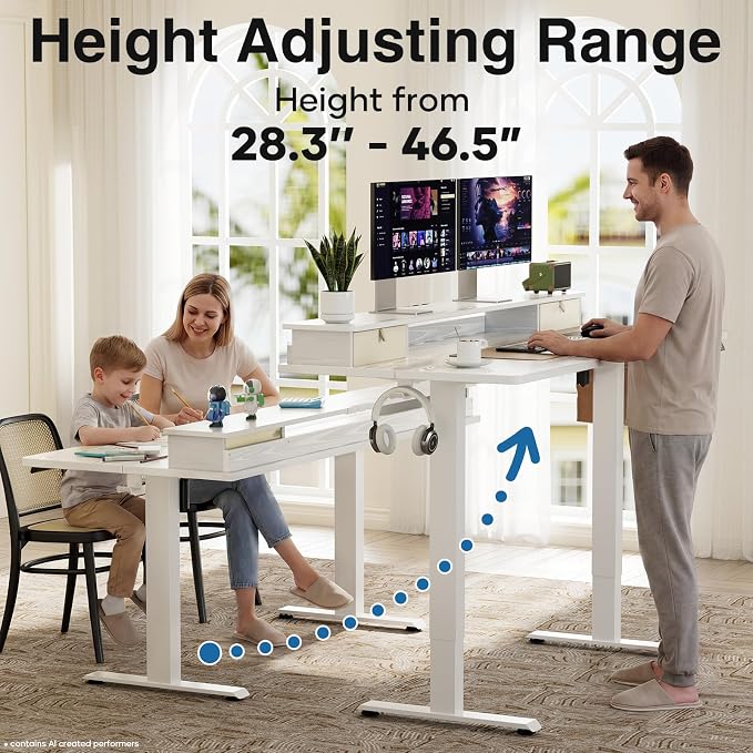 Veken 47x28 in Electric Standing Desk with Drawers, Adjustable Table, White | Stand up Computer Desk for Home Office, Work & Study, with Storage, 3 Memory Presets, Cable Organizer, Hook, and Quiet Lift.