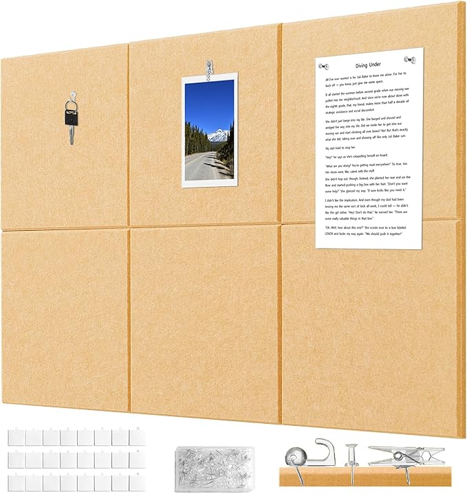 Felt Wall Tiles Bulletin Board Large Cork Board Alternative 6 Pack 11.81”x11.81”x0.47” Felt Pin Board Tack Board with Safe Removable Adhesive Tabs for Home Office School 36x24 (Bright Tan)