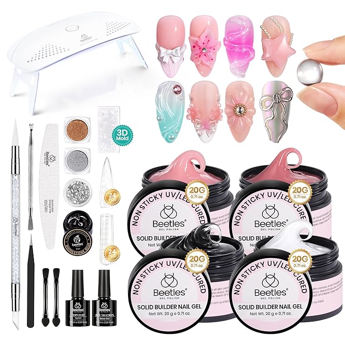 Beetles Solid Builder Gel for Nails,4 Colors Clear Pink White 3D Sculpting Gel Non-Sticky Hand Carving Nail Glue for 3D Nail Art with 3D Mold Chrome Powder Tools Salon DIY at Home,UV&LED Needed