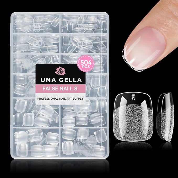 UNA GELLA Short Square Nail Tips Squoval 504PCS Pre Etched Soft Gel | Squoval Press On Nails Extension Daily Wear French Style Salon Full Cover Acrylic Tips for Women DIY 12 Sizes