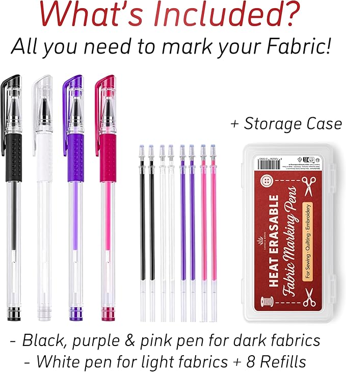 Lange & König Heat Erasable Fabric Marking Pens for Sewing - 4 Pens + 8 Refills - Sewing Supplies Quilting Supplies Table Accessories Embroidery Pen Tailors Chalk Alternative
