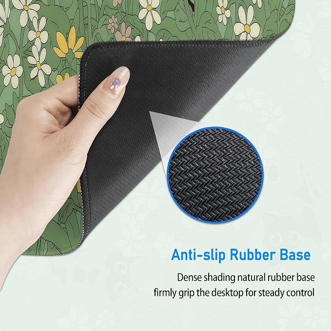 Green Wild Grass Flower Desk Mat,Black Cat Large Mouse Pad,31.5x12in | Cute Kitty Extended Gaming Keyboard Mat,XL Kawaii Anime Plant Mousepad with Non-Slip Base and Stitched Edge,80 x 30 cm