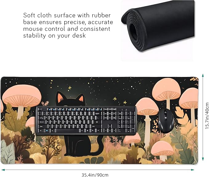 Cute Anime Black Cat Gaming Mouse Pad, Blue Pink Warm Healing Desk Mat with Anti-Slip Base & Stitched Edges,35.4" x 15.7" in Table Mat for Computer Desktop, Beautiful Workstation Decor
