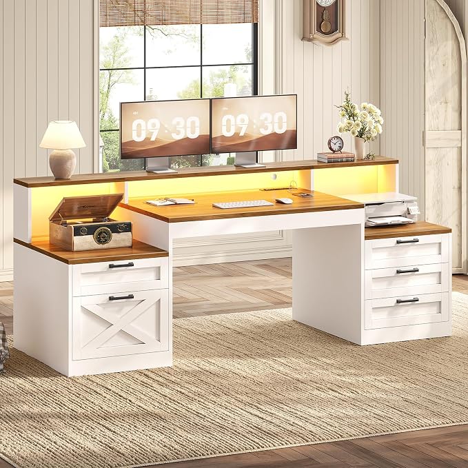 SEDETA 63" Farmhouse Office Desk with 5 Drawers, White and Brown | Executive Computer Desk with LED Lights & Monitor Stand, Wood Home Office Desk with 2 Printer Stand & Power Outlet