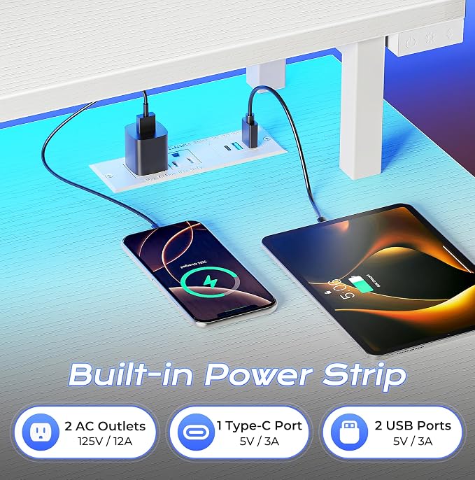 40 inch Gaming Desk, LED & Power Outlets, Monitor Stand, White | Sturdy PC Desk for Home Office, Study & Work, LED Lights, 4 AC Outlets & USB-C Charging Station