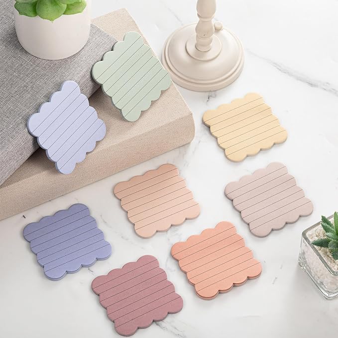 Eaasty 8 Pack Scalloped Sticky Notes Lined 3" X 3" Morandii Memo Pads | Aesthetic Cute Wavy Edges, Self-stick for School Office Desk, 240 Sheets Bulk, Pretty Design for Reminders Planning