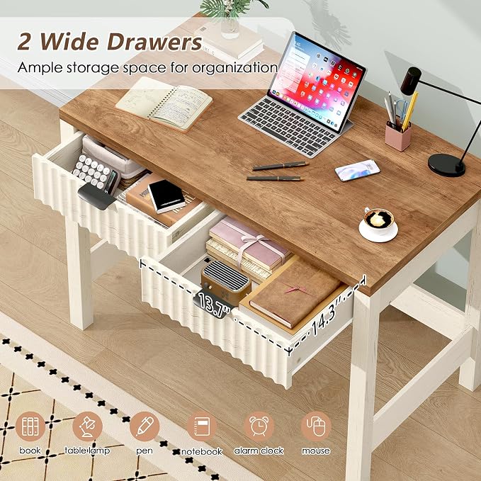32 Inch Small Fluted Computer Desk with 2 Drawers for Bedroom, Home Office | Small Computer Desk with Storage, Compact Writing Study Desk for Small Spaces, Brown & White