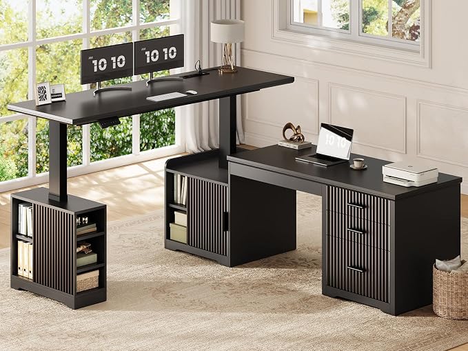 SEDETA Fluted L Shaped Electric Standing Desk, 63" x 67" Height Adjustable Home Office Executive Desk with Drawers and Shelves, Two Person Desk with Power Outlet for Home Office, Black
