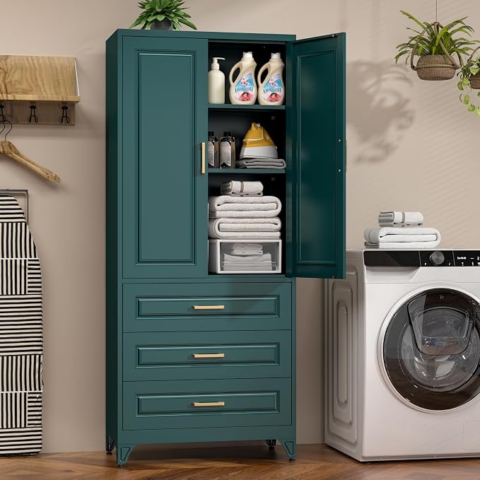 75" Tall Kitchen Pantry Cabinet, Storage Cabinet with 3 Drawers | Metal Kitchen Cabinet with Doors & 2 Adjustable Shelves, Tall Food Pantry, Cupboard for Kitchen, Dining Room, Garage, Office