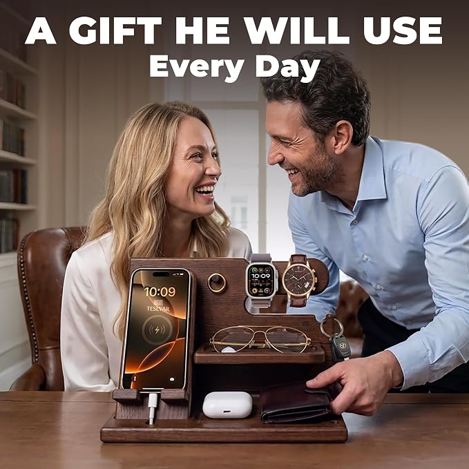 TESLYAR Wood Phone Docking Station for Men - Desk or Nightstand Organizer - Birthday Gifts for Husband, Dad - Anniversary Idea from Wife - Key Holder, Stand Wallet, Watch & Essentials (Bourbon Brown) | Mens Bedside Organiser with Key Holder, Wallet & W...