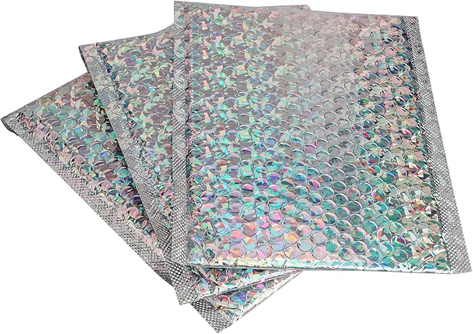 SINJEUN 50 Pieces 6 x 10 Inch Holographic Bubble Mailers, Silver Metallic Padded Bubble Mailers, Glamour Self Sealing Cushion Envelopes for Mailing, Shipping and Packing
