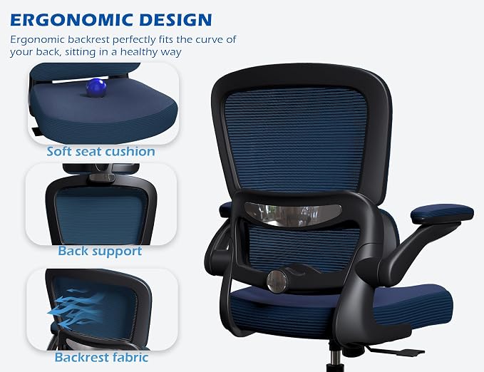 TRALT Ergonomic Office Chair Desk Chair with Adjustable Lumbar Support | Desk Chair Comfy with Flip-up Armrests Ergonomic Chair - Mesh Computer Chairs for Adults, 330lbs, PU Leather (Navy Blue, 1)