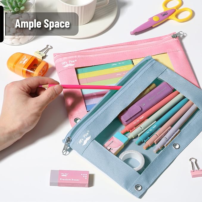 Mr. Pen- Pencil Pouch for 3 Ring Binder, 2 Pack, 10"x6.75", Smooth Zipper | Clear Window, Large Capacity Pencil Case with 3 Reinforced Grommets for School, Office, Supplies Storage