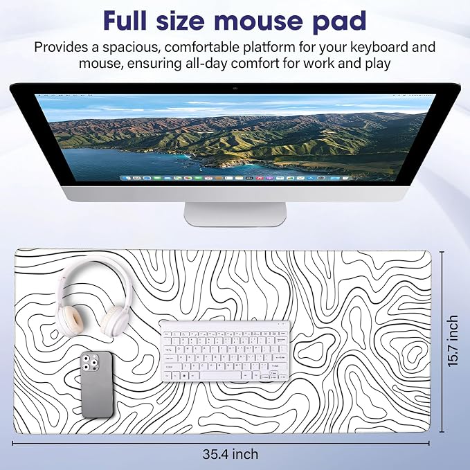 Large Extended Mouse Pad with Stitched Edges 35.4"x15.7" - Waterproof Desk Mat, Non-Slip Rubber Base for All-Desk Coverage, Perfect for Gaming Office Home, White Black