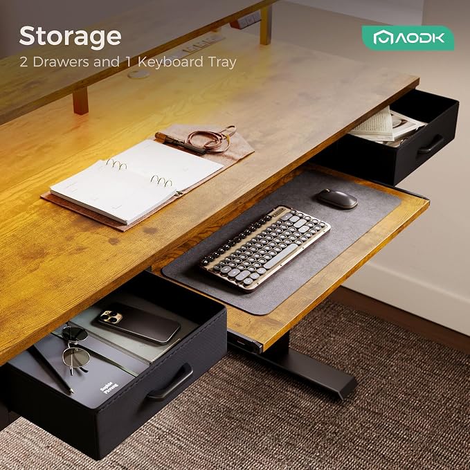 AODK 55 Inch Standing Desk with Drawers & Keyboard Tray, Rustic Brown | Power Outlet, LED Lights, Monitor Stand, Cable Management Tray, 3 Memory Heights, 29.9"-46.1" in Range