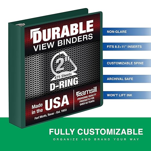 Samsill Durable 2 Inch Binder, D Ring Binder, Customizable Clear View Cover, Forest Green, Holds 475 Pages