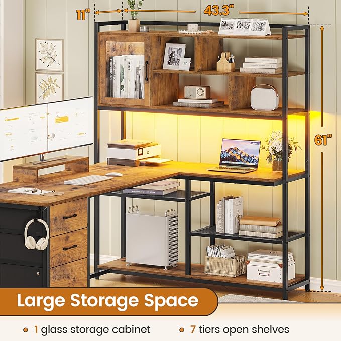 SEDETA 58'' L Shaped Computer Office Desk with 3 Drawers and Bookshelf | L Shaped Corner Desk with Storage Shelves and LED Light for Home Office, Gaming, Small Space, Rustic Brown