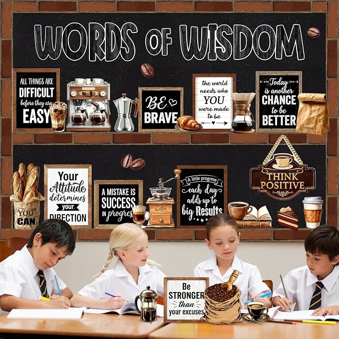 Mooliwe 57 Pcs Coffee Bulletin Board Set Inspirational Classroom Cutouts | Industrial Style for School Office, Coffee Shop Chalkboard Door Decor, Motivational Quotes for Classroom Wall Display