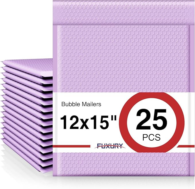 Fuxury Bubble Mailers 12x15" Lavender Purple Padded Envelopes 25 Pack Large Bubble Mailer Strong Adhesion Padded Mailer,Self-Seal Envelope for Mailing Small Business,Magazine, Clothing.
