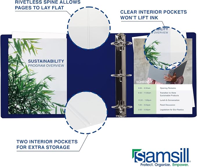 Samsill Durable 1 Inch Binder, D Ring Binder, Customizable Clear View Cover, Dark Blue, Holds 225 Pages