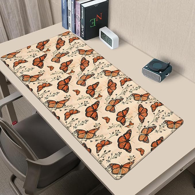 Monarch Butterfly Beige Extended Mouse Pad 31.5x11.8in, Botanical Floral Large Desk Mat with Non-Slip Rubber Base, Big Mousepad for Laptop Computer PC, Gaming Office Home Decor, Deskmat Gifts