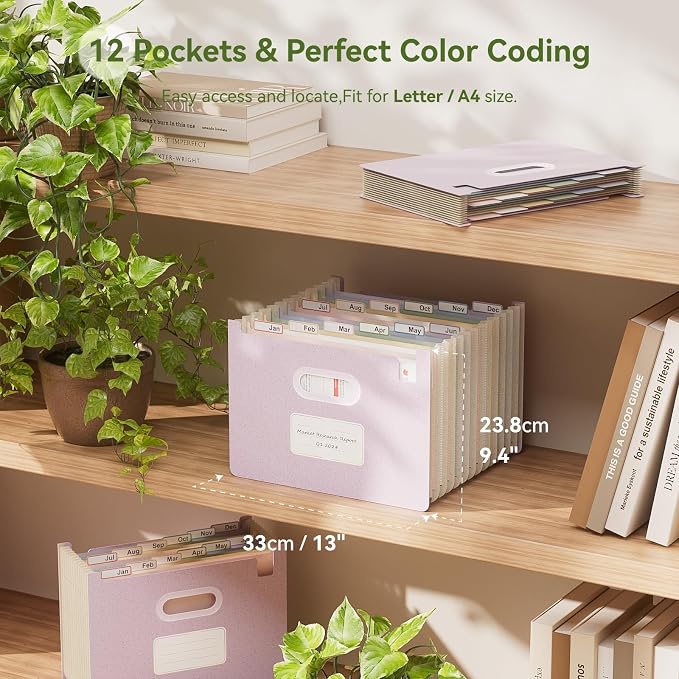EcoStash 12 Pockets Accordion File Organizer, Upright & Open Top | Wheat Straw, 100% BPA Free, Monthly Bill Receipt Organizer, Letter/A4 Size for School Home Office Hospital - Lavender Purple