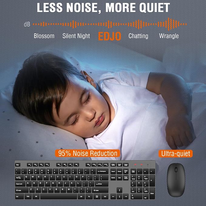 Wireless Keyboard and Mouse Combo, EDJO Silent Full Size Cordless USB Keyboard Mouse, 2.4GHz Lag-Free, Long Battery Life, for Computer, Laptop, PC, Chromebook, Windows (Grey, 1 Pack)
