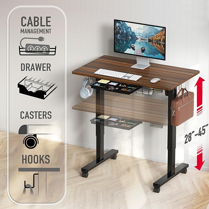 SHW 40-Inch Mobile Electric Height Adjustable Sit to Stand Desk with Drawer, Hanging Hooks and Cable Management, Walnut