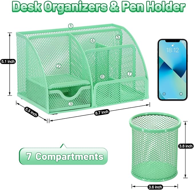 13-in-1 Office Desk Organizer Set for Back to School Supplies Accessories | Organizer Set with Stapler and Tape Dispenser, Pen Holder, Scissors, Ruler, Hole Punch, 2 Pens & More Desk Supplies