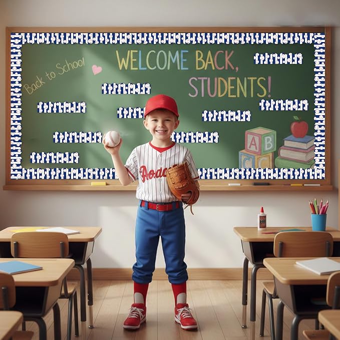 BeYumi Baseball Sport Border Trim - 65ft Back to School Baseball Sport Blue White Stripe Scalloped Rolled Border Trim Ball Sports Theme Bulletin Board Set Party School Classroom Chalkboard Wall Decor