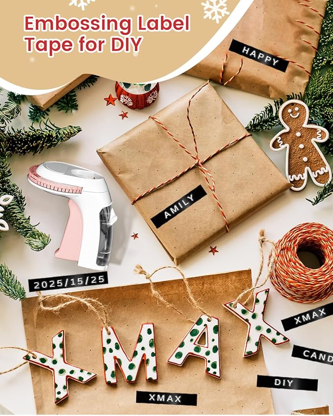 Pink Embossing Label Maker Manual, Handheld Embossed Label Maker with 3 Black Tapes 3/8Inch, Vintage Retro Embosser Labeler for DIY Scrapbooking, Kids Teachers Practical Gift, Home & Office Use