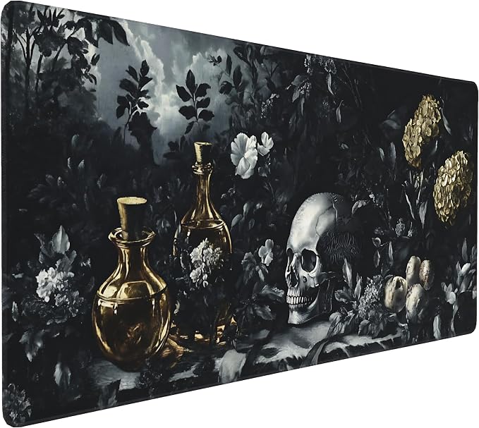 Aesthetic Skull Gaming Mouse Pad, Black Gold Dark Epic Desk Mat with Anti-Slip Base & Stitched Edges,35.4" x 15.7" in Table Mat for Computer Desktop, Beautiful Workstation Decor