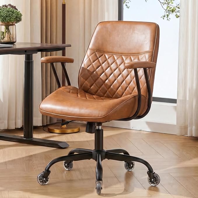 NEO CHAIR Brown Leather Office Chair with Ergonomic Design, Swivel Chair | Modern Computer Desk Chair with Genuine Leather, Lumbar Support, Removable Arms, Comfy Chair for Home Office, Smooth Rolling