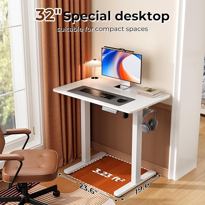 Small Standing Desk, 32" ×20" Electric White Standing Desk, Height Adjustable Compact Sit Stand Workstation with Splice Board, Home Office Desk with 2 Hooks