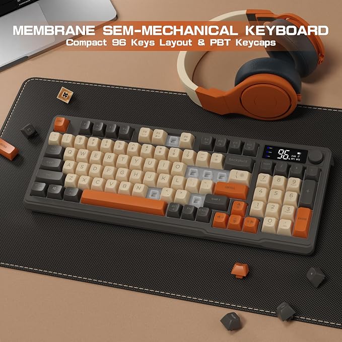 LexonElec M96 Wireless Gaming Keyboard,Knob Control Bluetooth/2.4G Wireless Mechanical Feeling Keyboard,RGB LED Backlit with Display Screen, PBT Keycap,3000mAh, 94-Key Layout for Win/Mac (Shimmer)