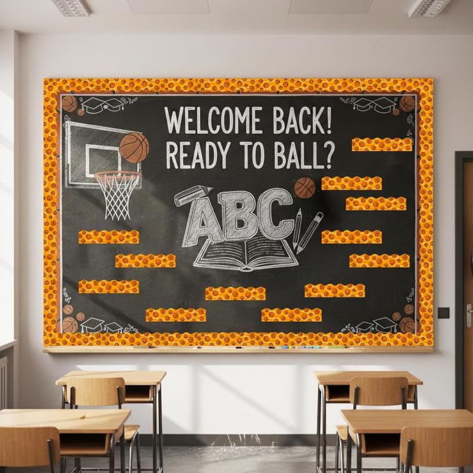 BeYumi Basketball Sport Border Trim - 65ft Back to School Basketball Sport on Orange Scalloped Rolled Border Trim Ball Sports Theme Bulletin Board Set Party School Classroom Chalkboard Wall Decoration
