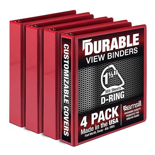 Samsill Durable 1.5 inch 3 Ring Binder, D Ring Binder, 100% Recycled Chipboard, Red, 4 Pack